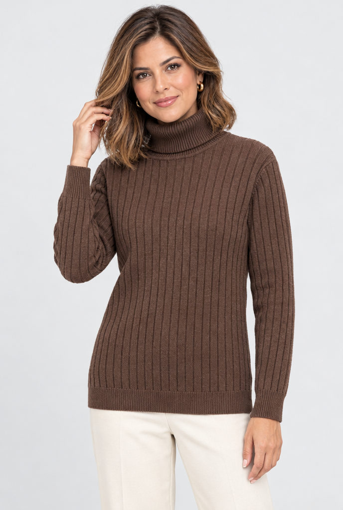 Pull col roulé classique en maille côtelée — Cacao — photo studio