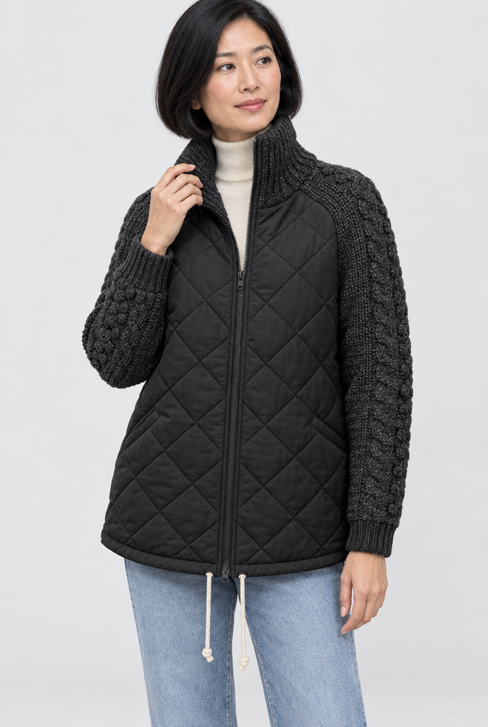 Veste matelassée zippée à manches en maille torsadée — Noir — photo principale