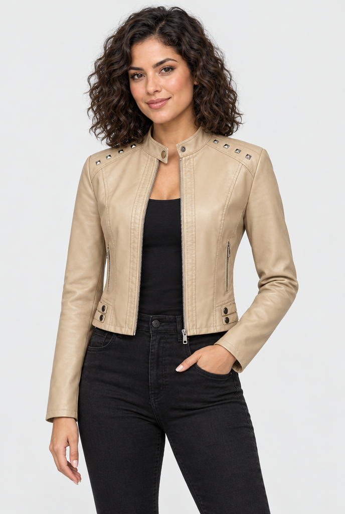Blouson motard clouté col montant en simili cuir — Sable — photo studio