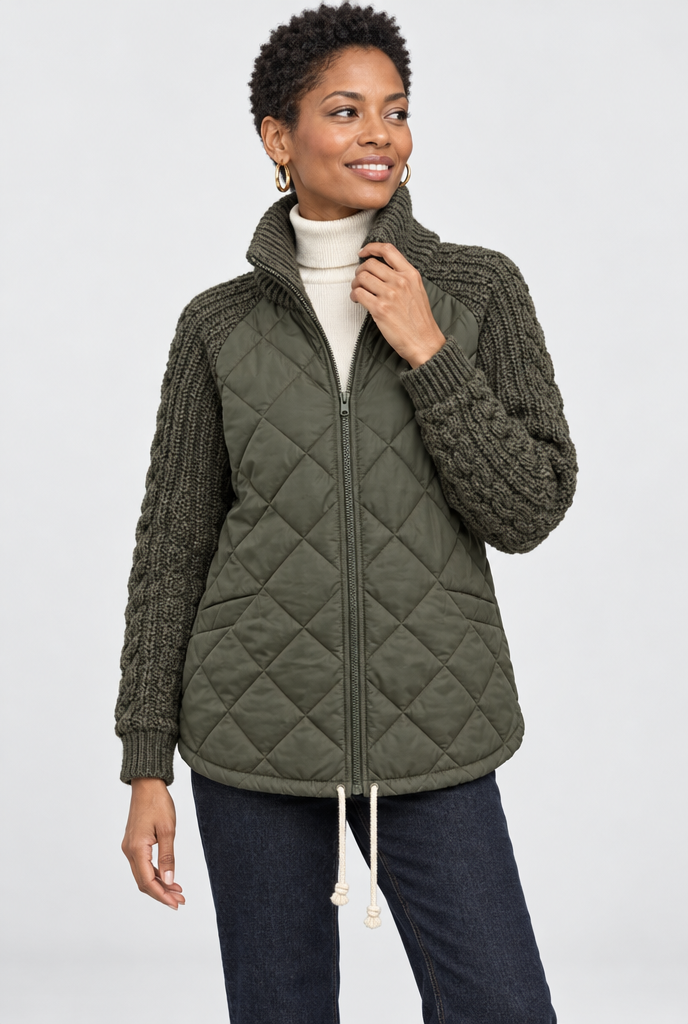 Veste matelassée zippée à manches en maille torsadée — Olive — photo principale