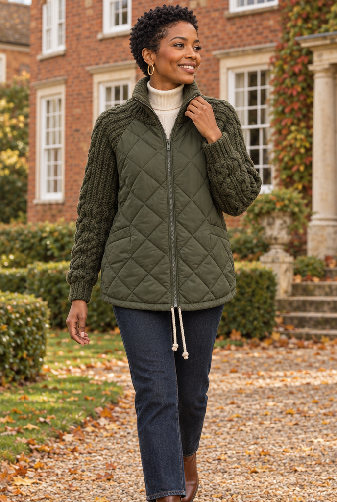 Veste matelassée zippée à manches en maille torsadée — Olive — en situation
