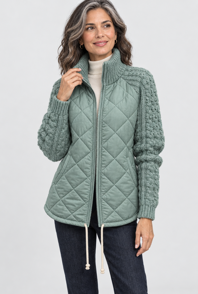 Veste matelassée zippée à manches en maille torsadée — Sauge canard — photo principale