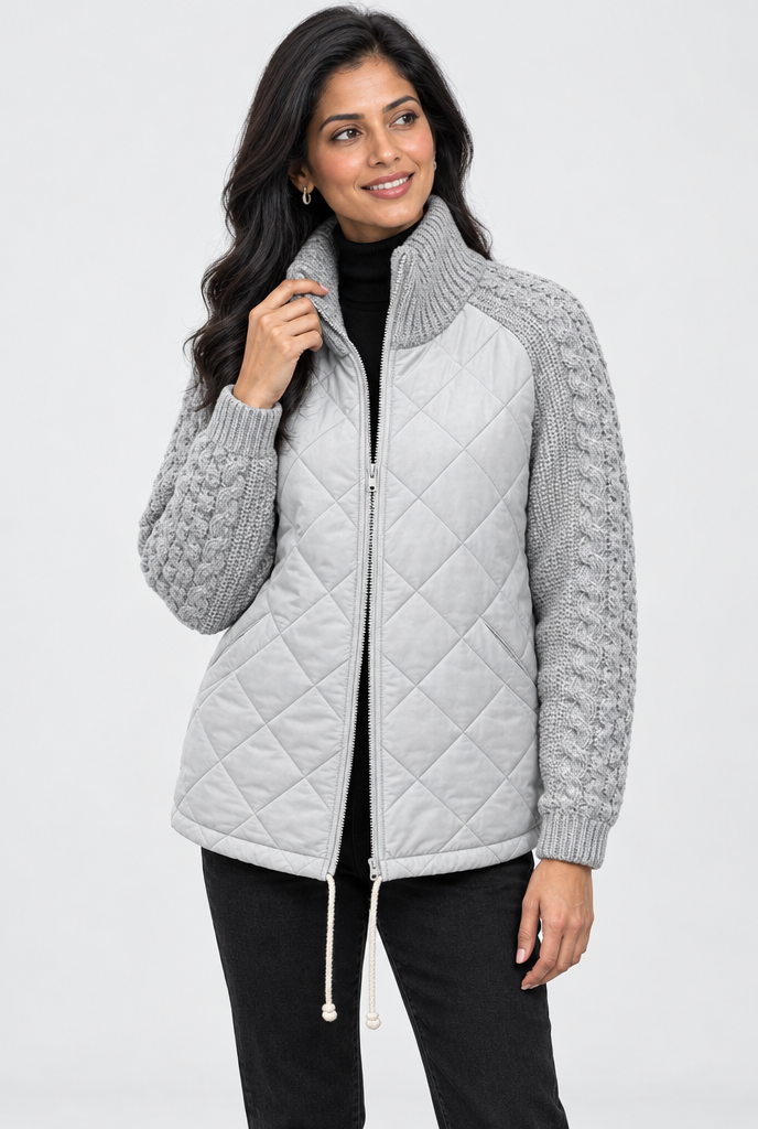 Veste matelassée zippée à manches en maille torsadée — Gris tourterelle — photo principale