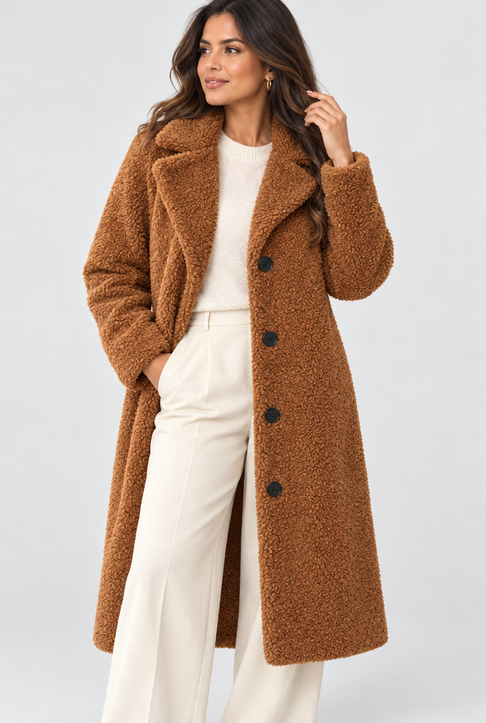 Manteau long teddy boutonné à revers — Caramel — photo studio