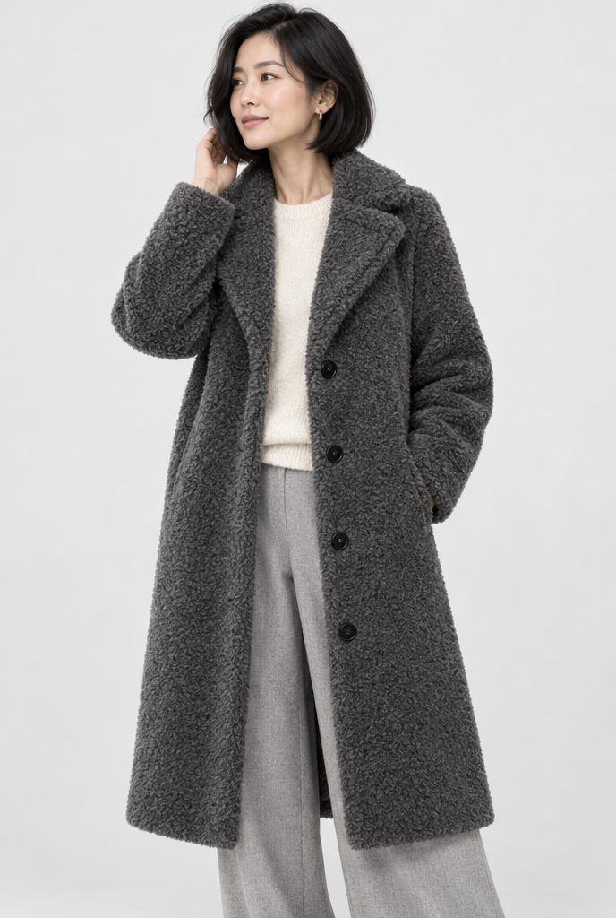 Charcoal long teddy coat, studio hero