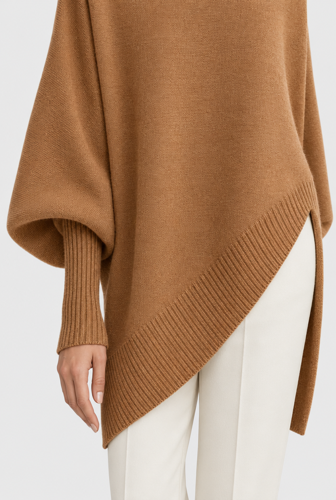 Pull oversize manches chauve-souris à ourlet asymétrique — Camel — détail