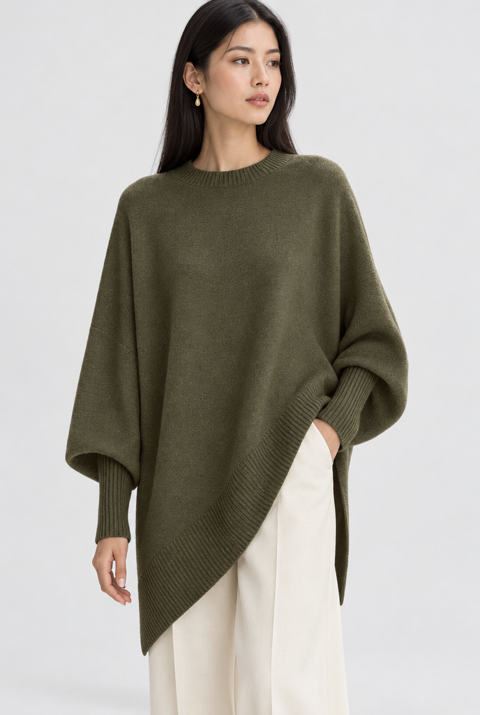 Pull oversize manches chauve-souris à ourlet asymétrique — Olive — photo principale