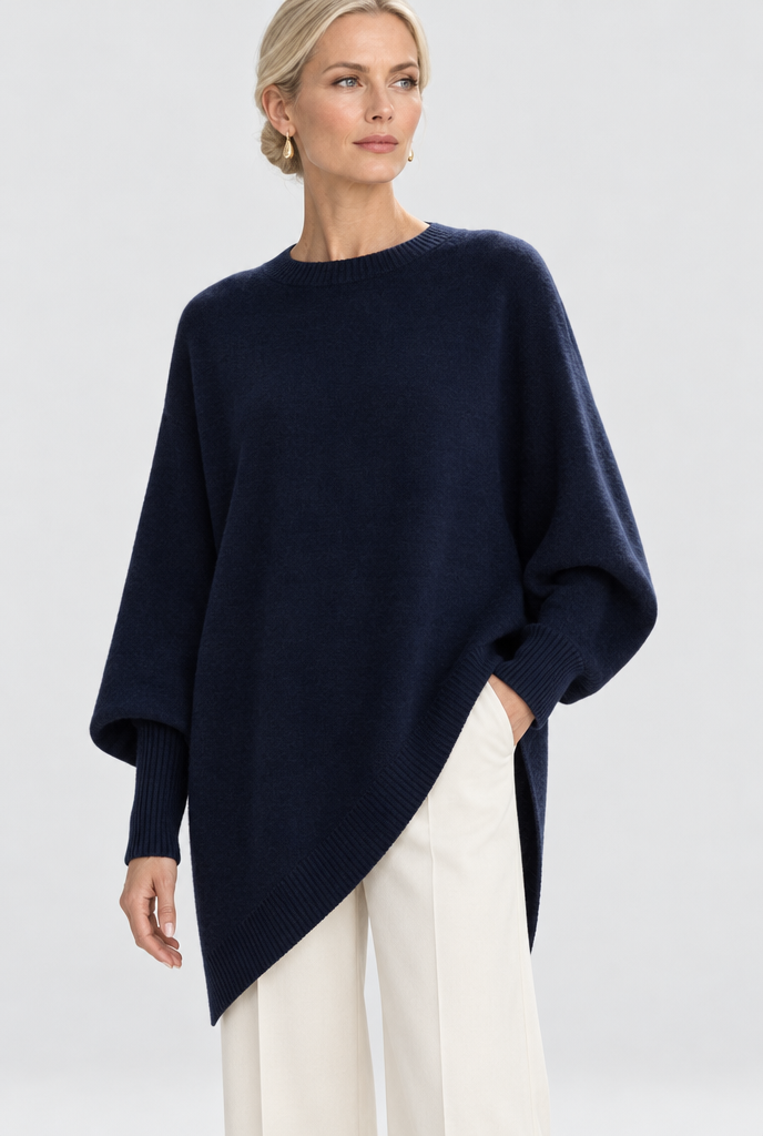 Pull oversize manches chauve-souris à ourlet asymétrique — Marine — photo principale