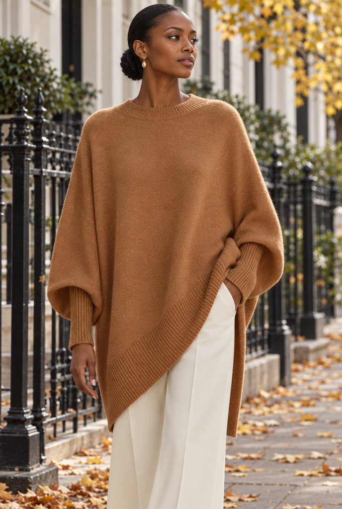 Pull oversize manches chauve-souris à ourlet asymétrique — Camel — en situation