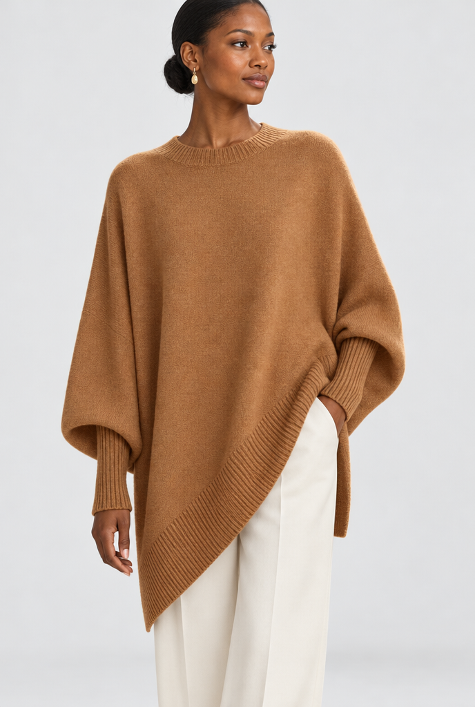 Pull oversize manches chauve-souris à ourlet asymétrique — Camel — photo principale