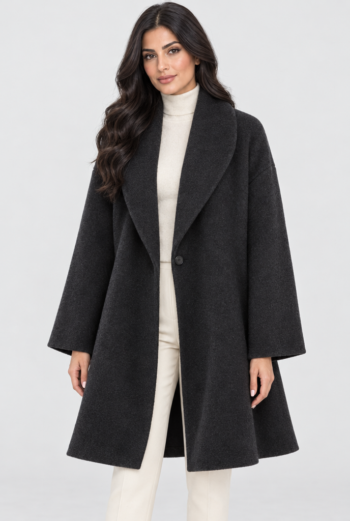Black shawl-collar swing coat, studio