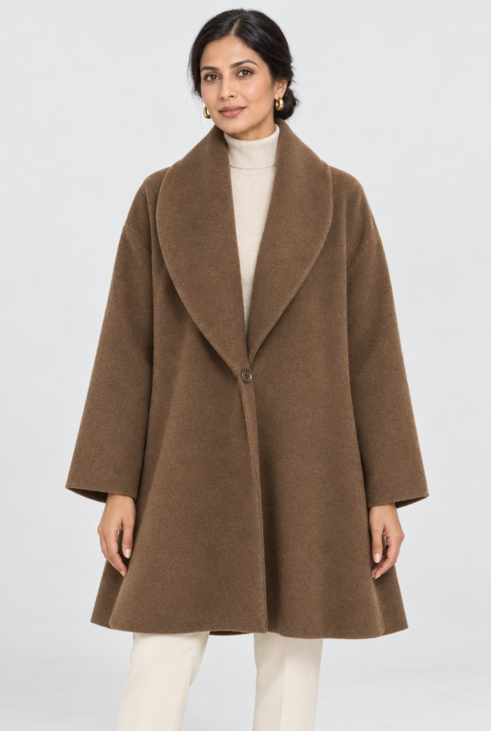 Manteau trapèze oversize effet laine à col châle — Châtaigne — studio
