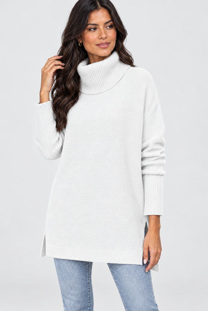 White turtleneck split-hem tunic sweater, studio hero