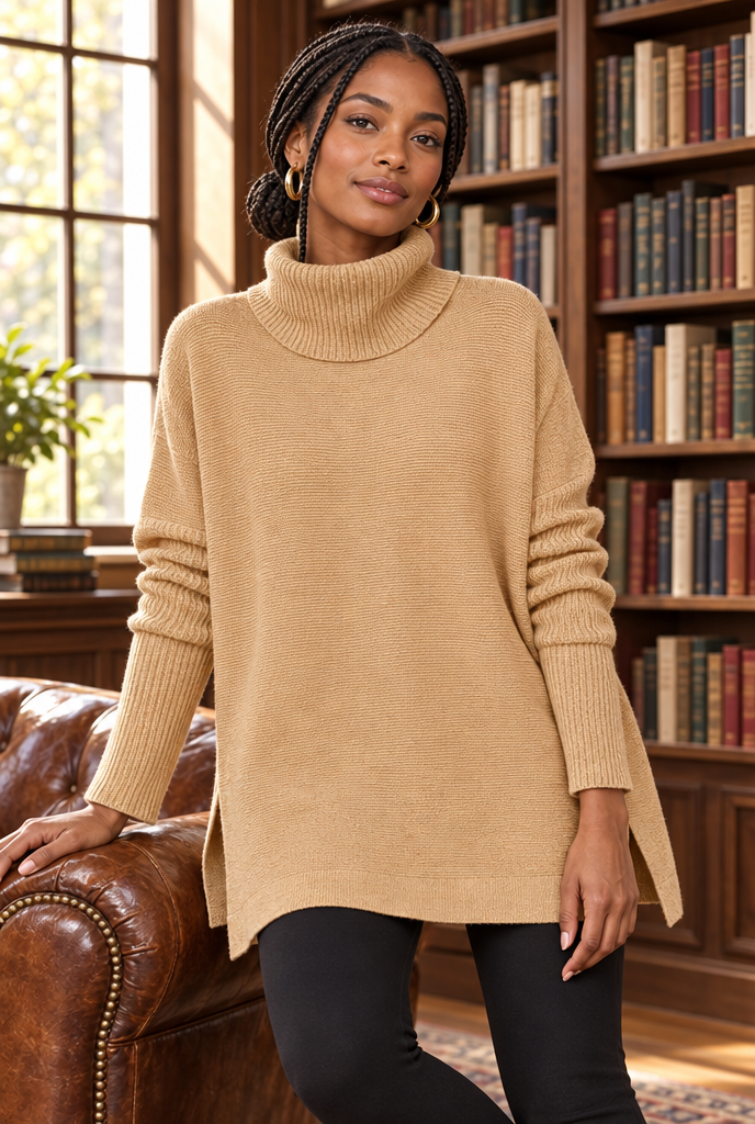 Pull tunique col roulé oversize à fentes — Camel — en situation
