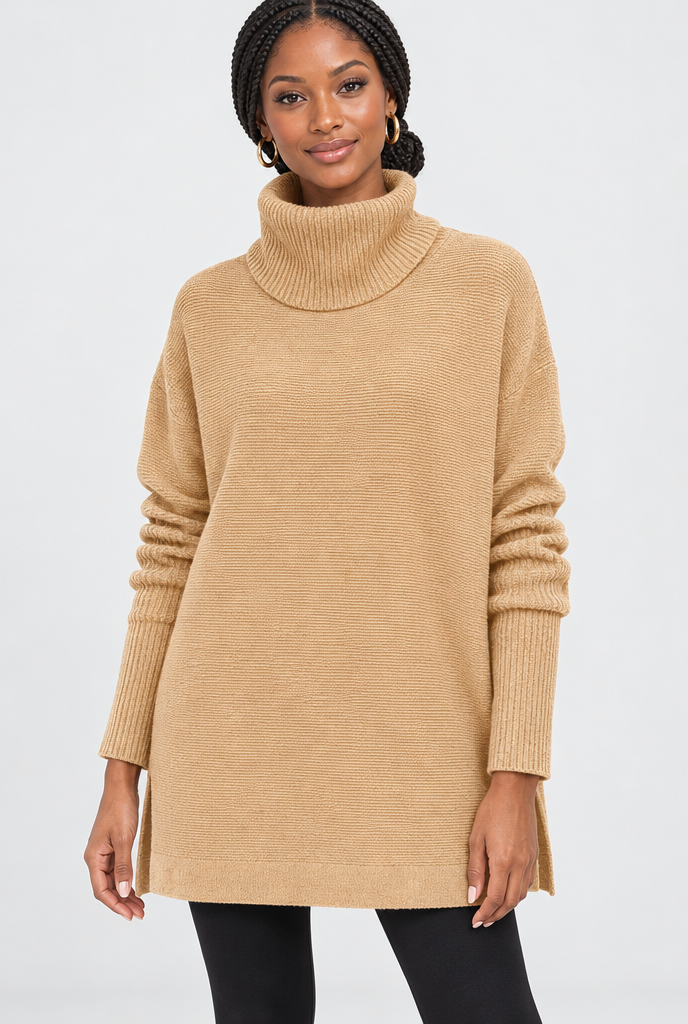 Camel turtleneck split-hem tunic sweater, studio hero