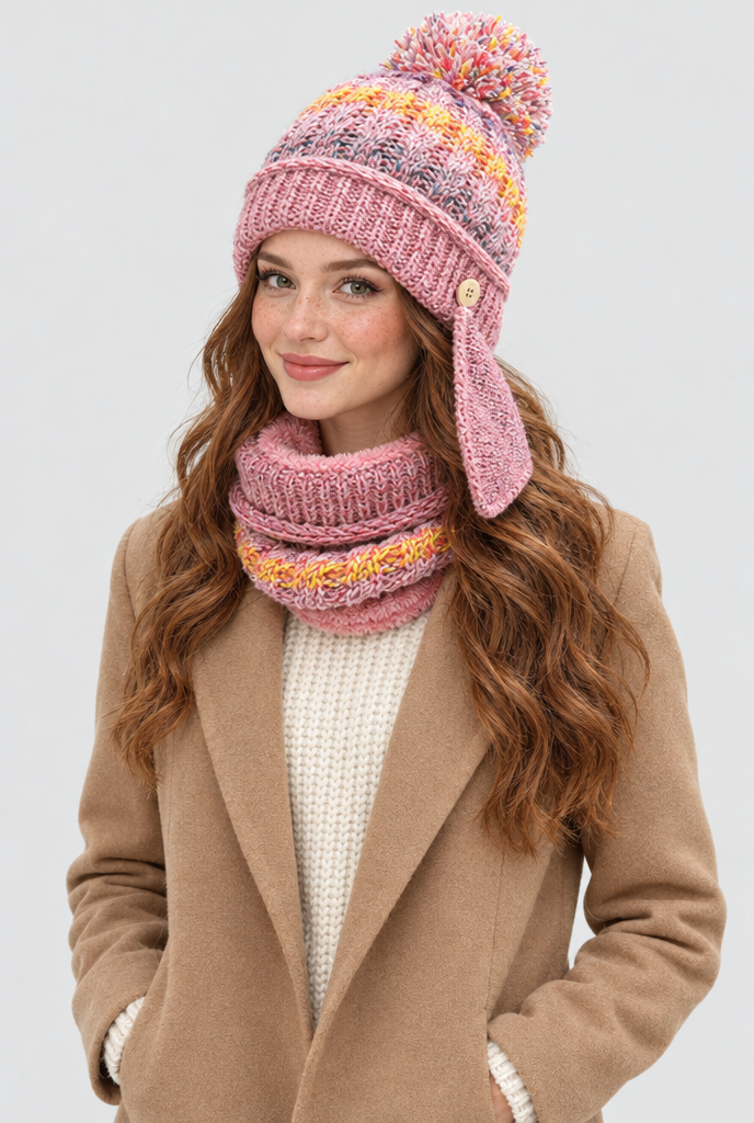 Ensemble bonnet à pompon, tour de cou et cache-visage — Rose ancien