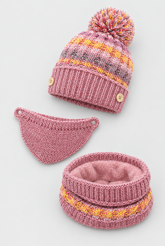 Ensemble bonnet à pompon, tour de cou et cache-visage — Rose ancien — packshot
