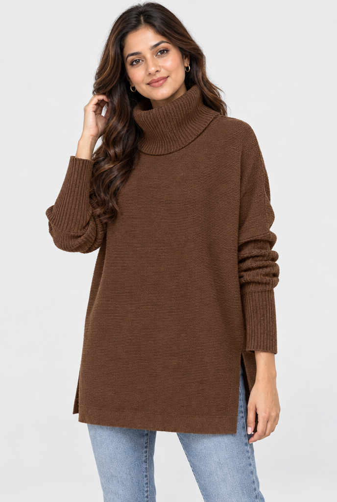 Chestnut turtleneck split-hem tunic sweater, studio hero
