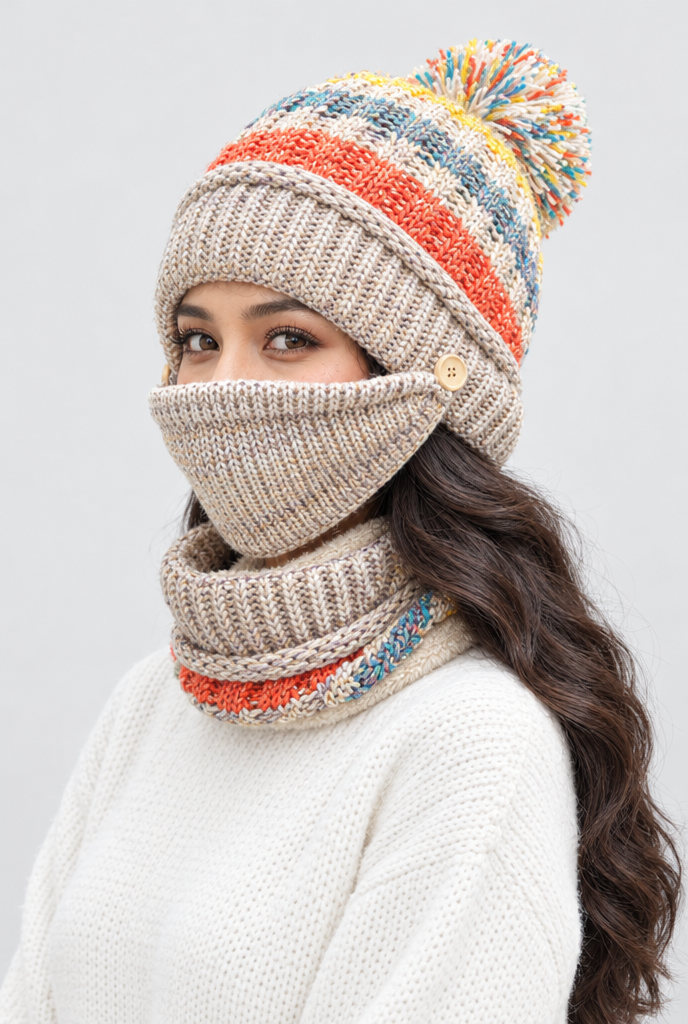 Ensemble bonnet à pompon, tour de cou et cache-visage — Flocon d’avoine — photo principale