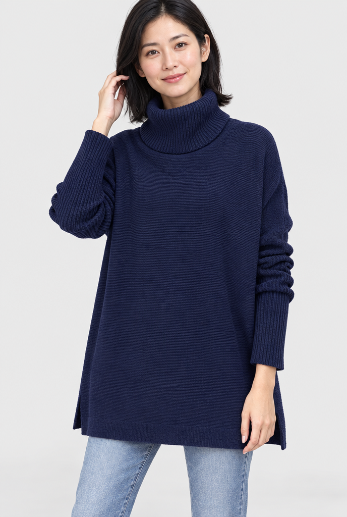 Navy turtleneck split-hem tunic sweater, studio hero