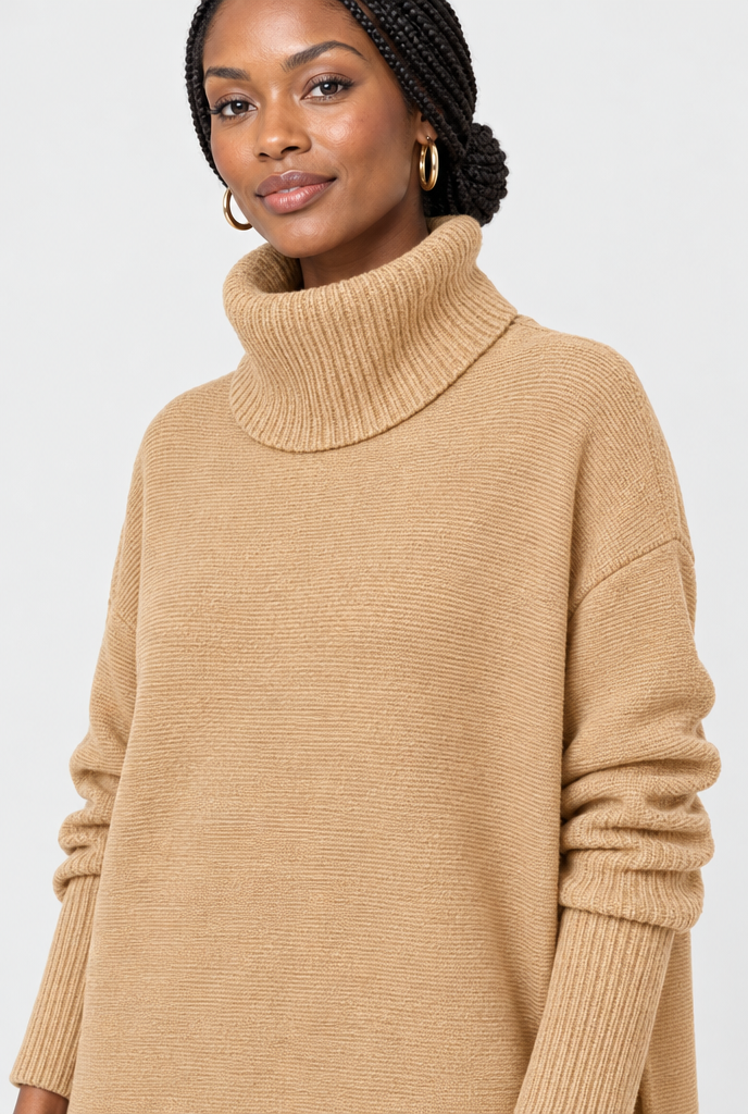 Pull tunique col roulé oversize à fentes — Camel — détail du col