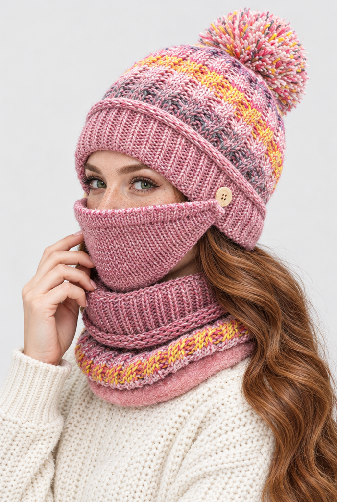 Ensemble bonnet à pompon, tour de cou et cache-visage — Rose ancien — photo principale