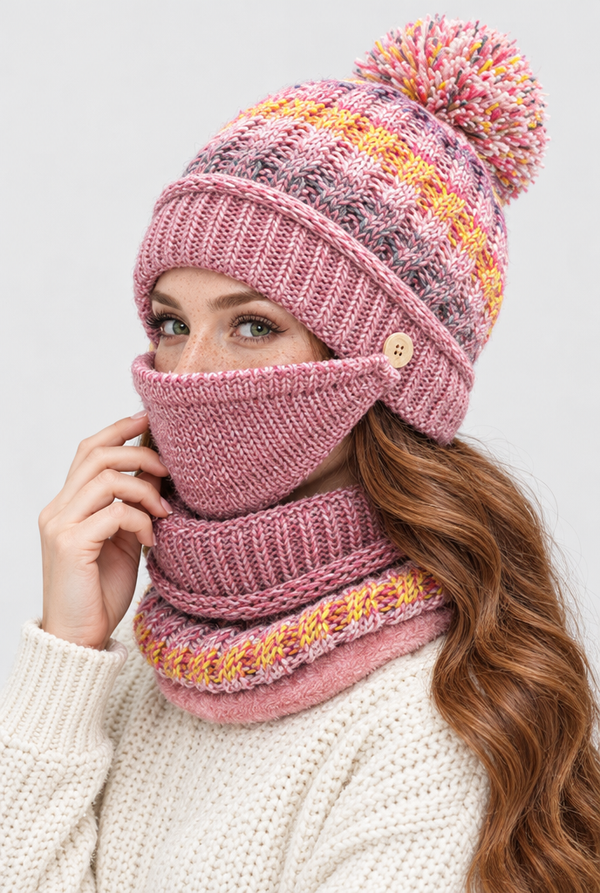 Pom-Pom Knit Beanie, Neck Warmer & Face Cover Set