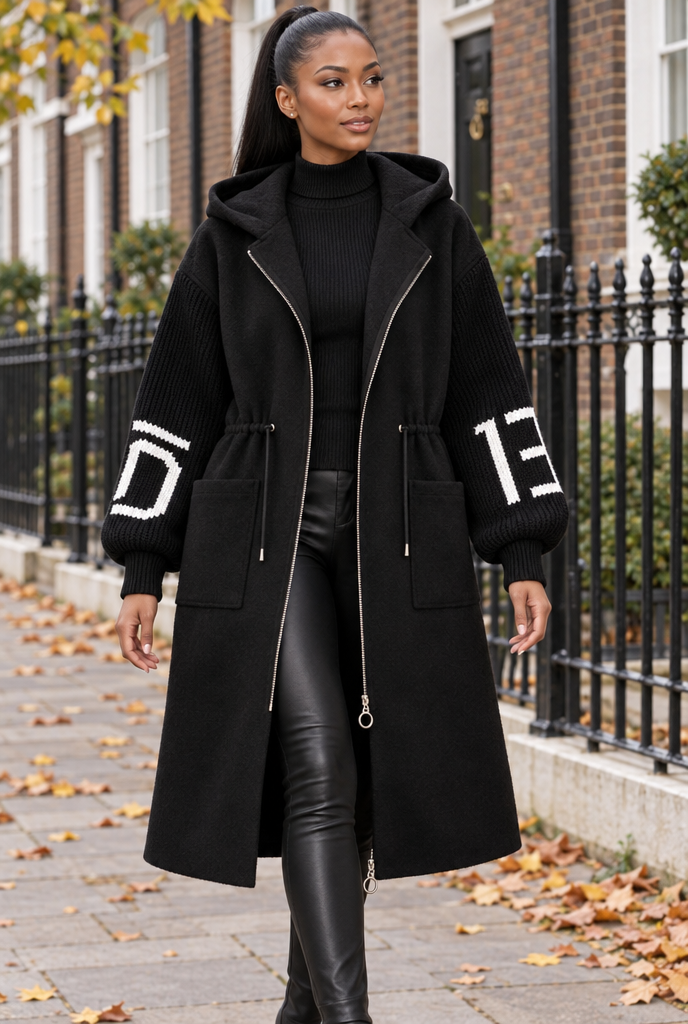 Manteau long zippé à capuche, manches en grosse maille — Noir — en situation