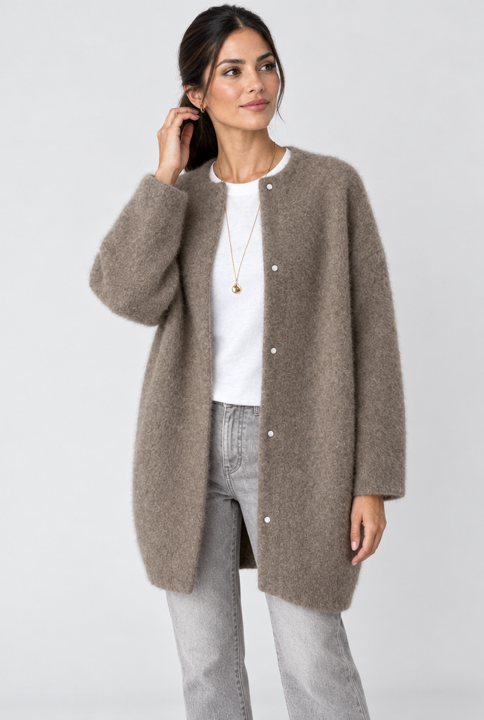 Long cardigan col rond en maille duveteuse — Taupe — photo principale