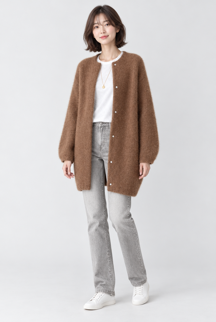 Long cardigan col rond en maille duveteuse — Cannelle — silhouette complète