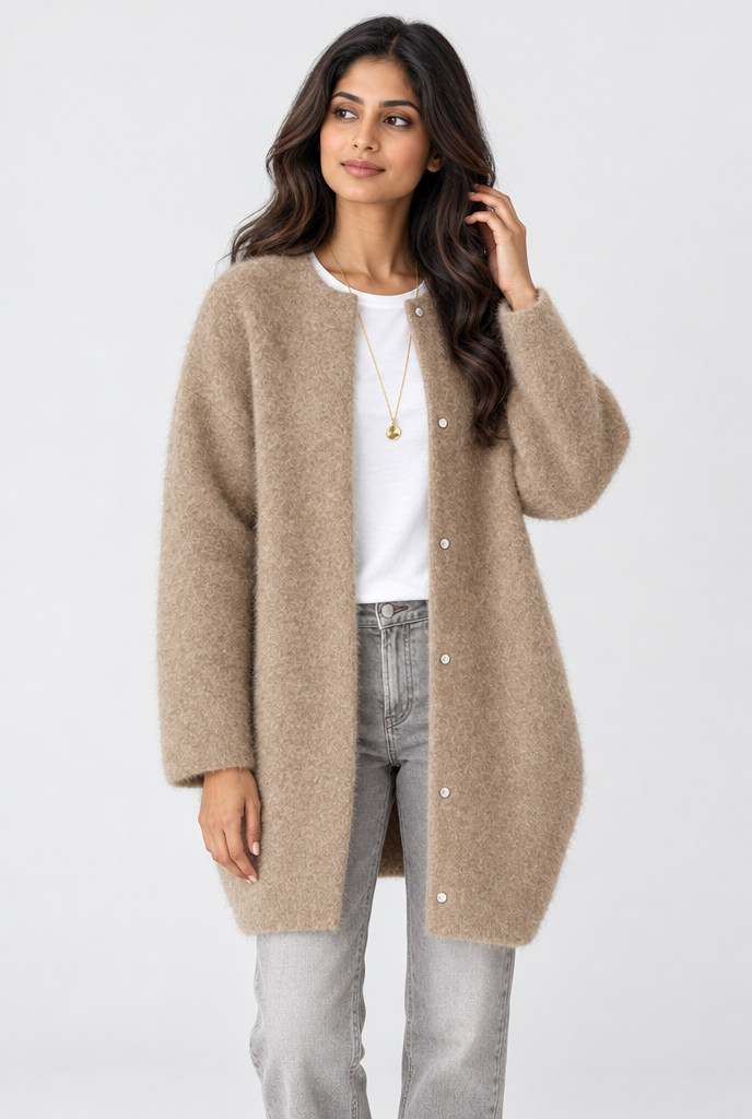 Long cardigan col rond en maille duveteuse — Camel — photo principale