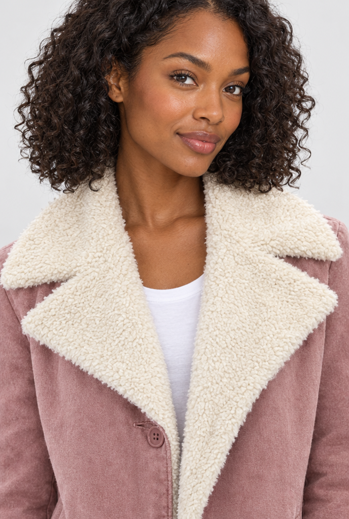 Veste boutonnée doublée sherpa à grand col — Rose ancien — détail du col