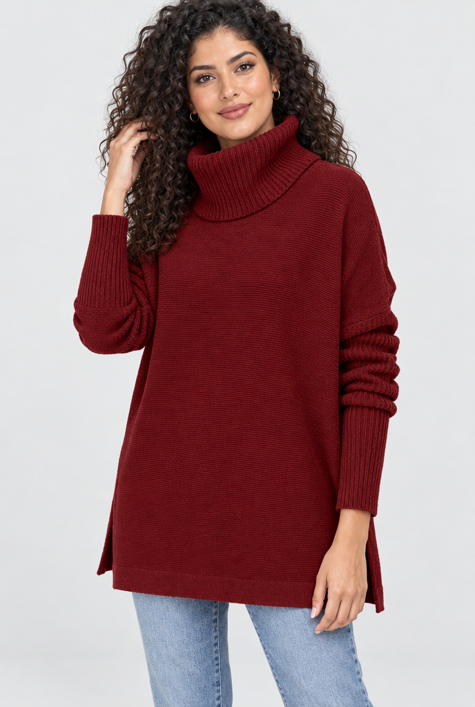 Pull tunique col roulé oversize à fentes — Bordeaux — photo studio