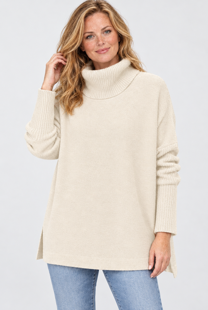 Cream turtleneck split-hem tunic sweater, studio hero