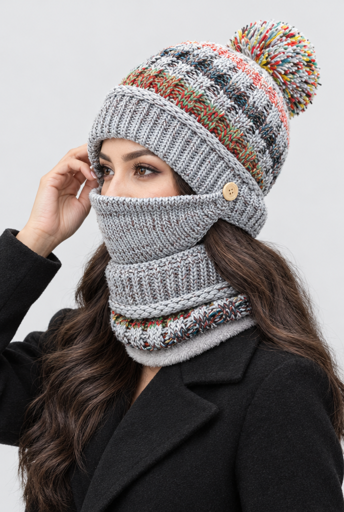 Ensemble bonnet à pompon, tour de cou et cache-visage — Gris — photo principale