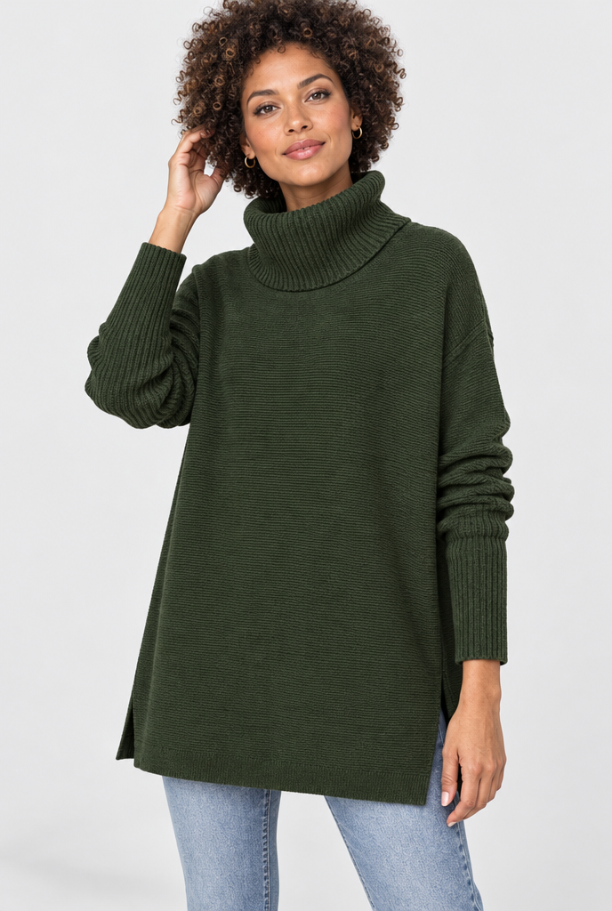 Olive turtleneck split-hem tunic sweater, studio hero