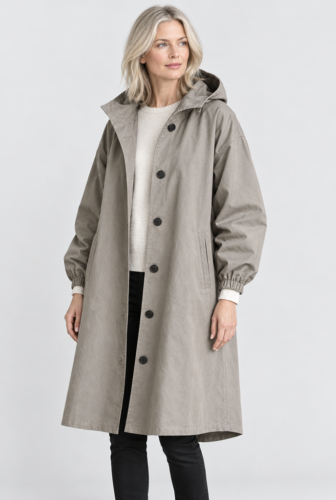 Stone Grey oversized hooded utility coat, studio hero