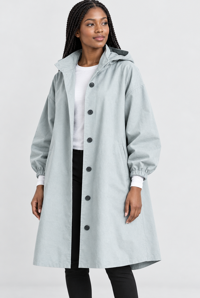 Mist Blue oversized hooded utility coat, studio hero