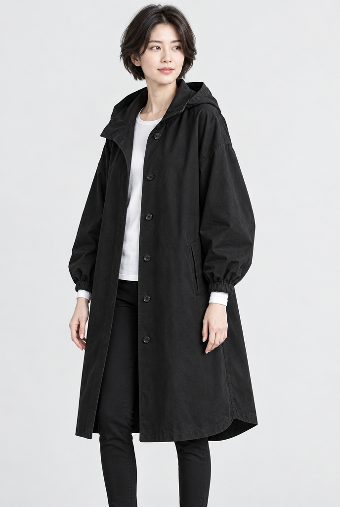 Manteau utilitaire oversize boutonné à capuche — Noir — photo studio
