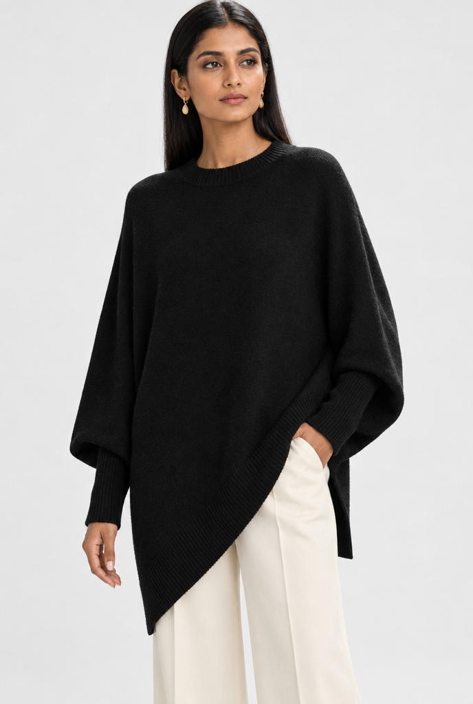 Pull oversize manches chauve-souris à ourlet asymétrique — Noir — photo principale