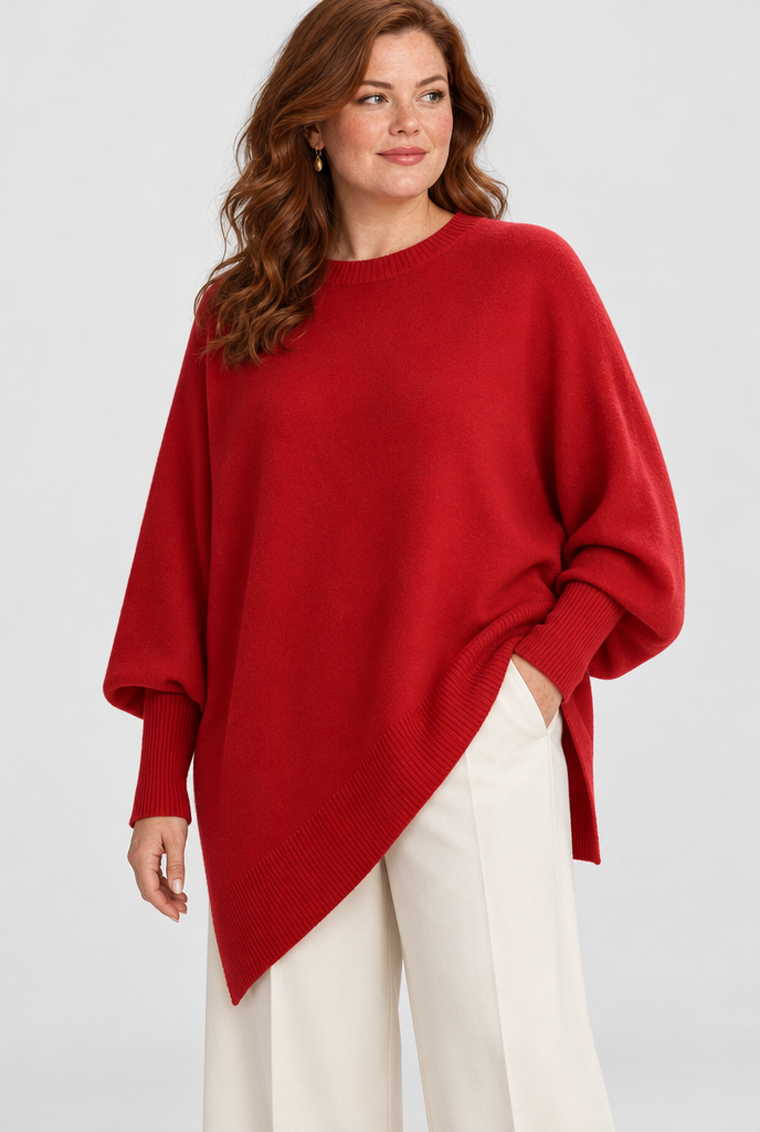 Pull oversize manches chauve-souris à ourlet asymétrique — Rouge — photo principale
