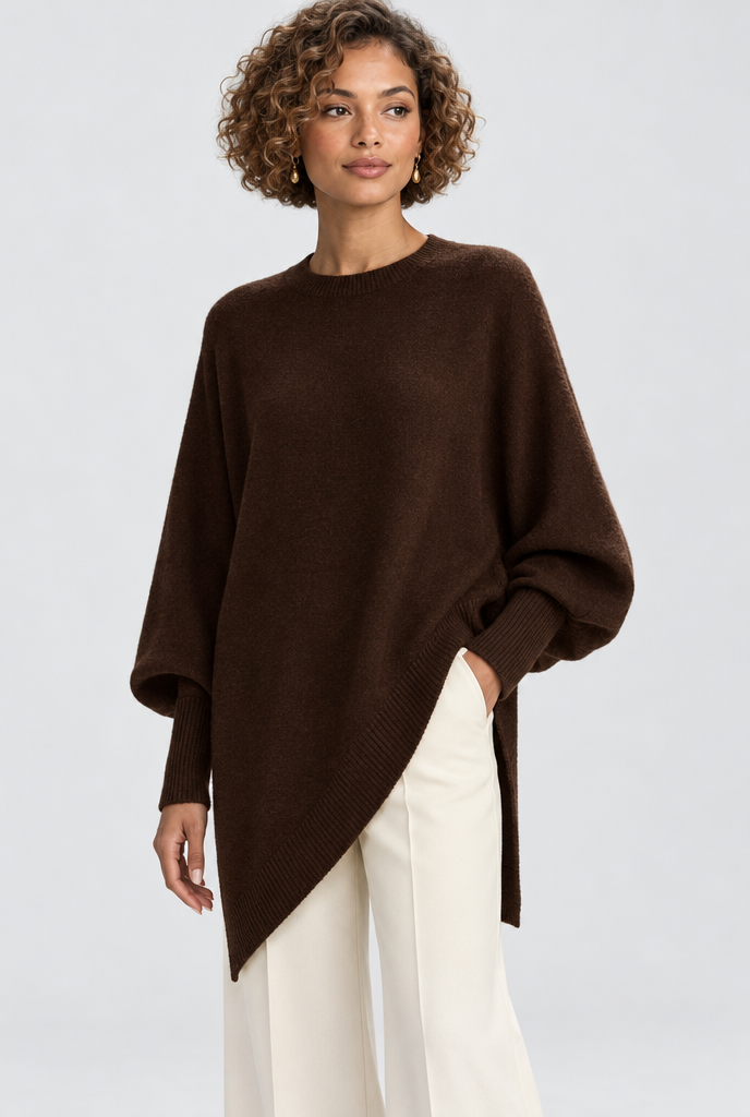 Pull oversize manches chauve-souris à ourlet asymétrique — Chocolat — photo principale