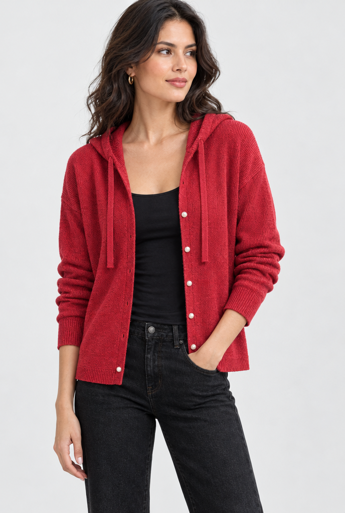 Red hooded knit cardigan, hero