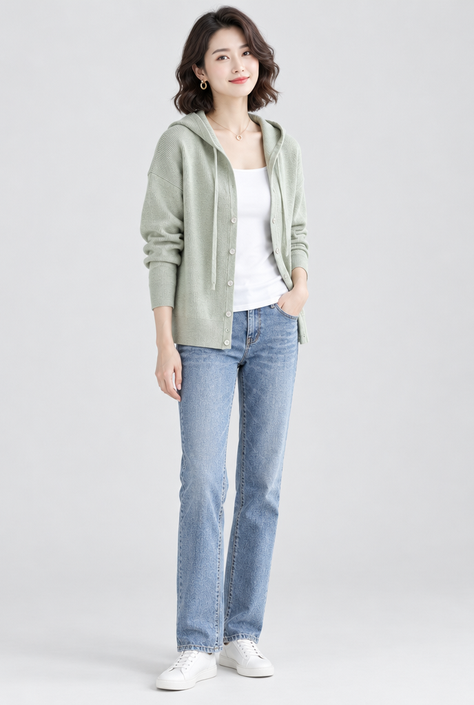 Sage hooded knit cardigan, full body