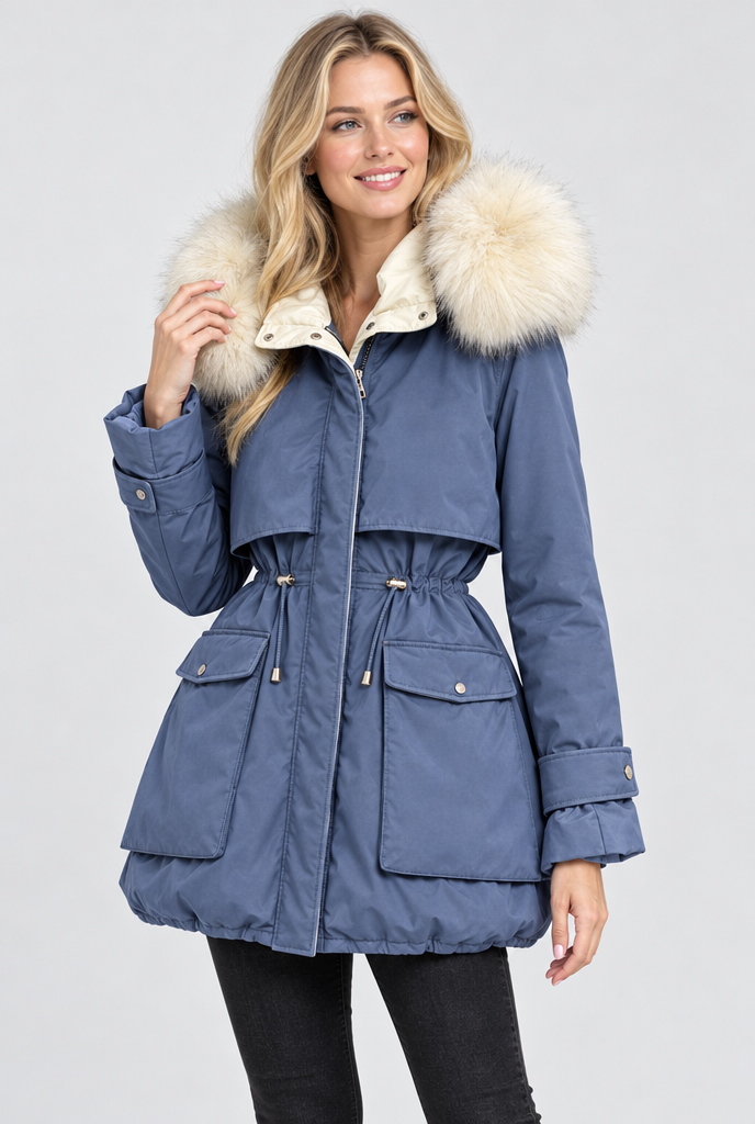 Denim Blue faux fur hood cinched-waist padded parka, studio hero