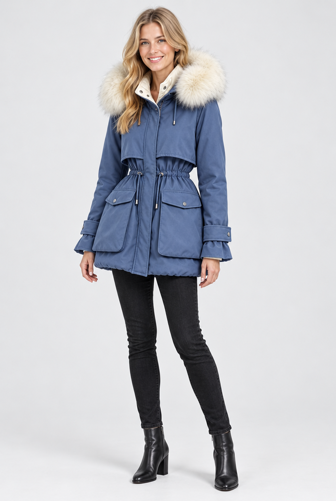 Denim Blue faux fur hood cinched-waist padded parka, full body