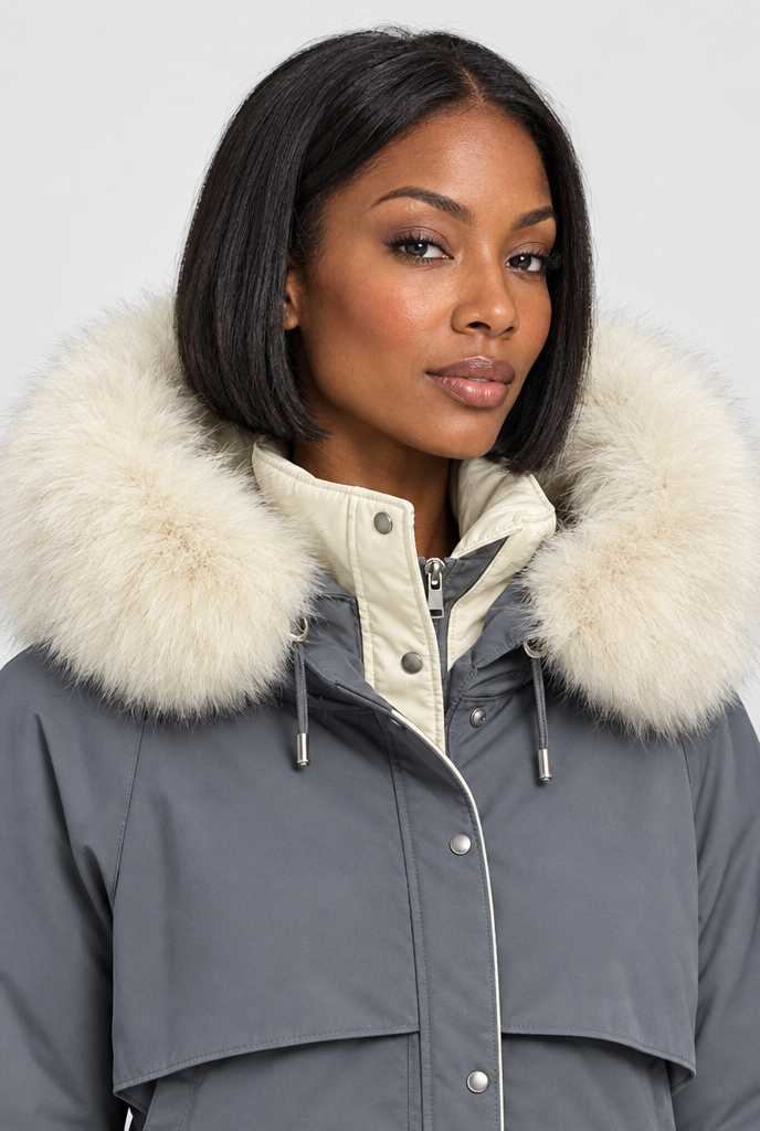 Parka rembourrée cintrée à capuche en fausse fourrure — Gris bordure ivoire — gros plan