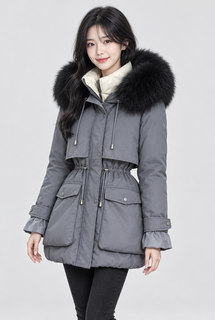 Grey & Black Trim faux fur hood cinched-waist padded parka, studio hero