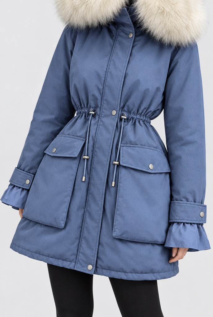 Parka rembourrée cintrée à capuche en fausse fourrure — Bleu denim — détail