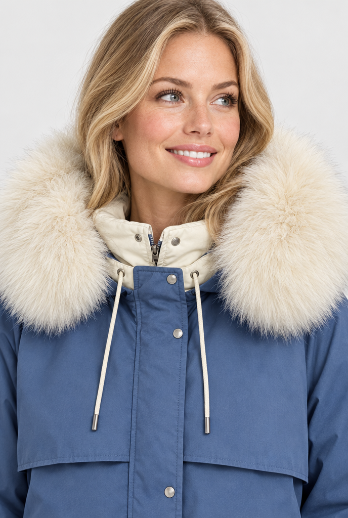 Denim Blue faux fur hood cinched-waist padded parka, hood close-up